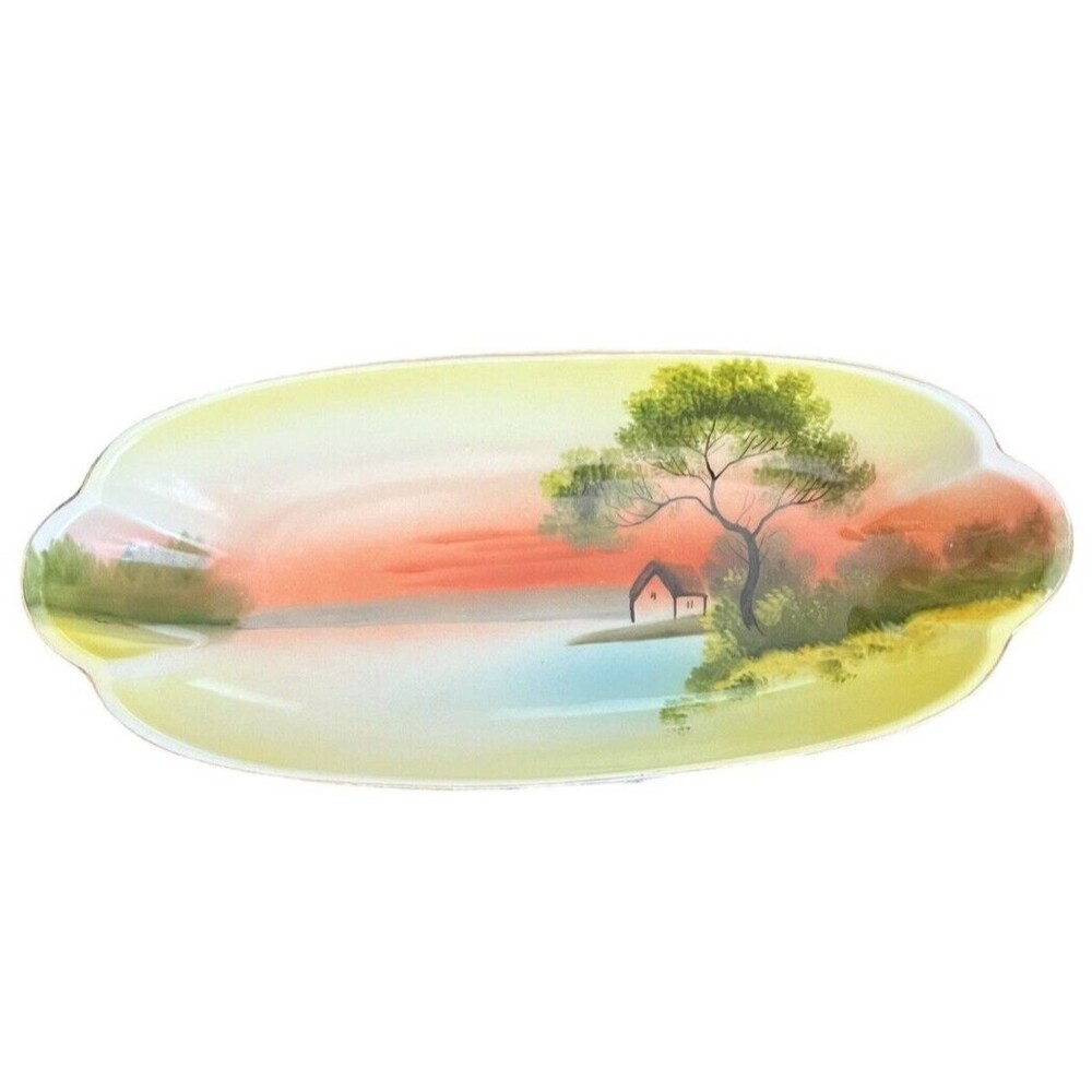 Vintage Noritake Celery Dish Lake Sunset Cottage Scene Hand Painted 12" Gold Rim